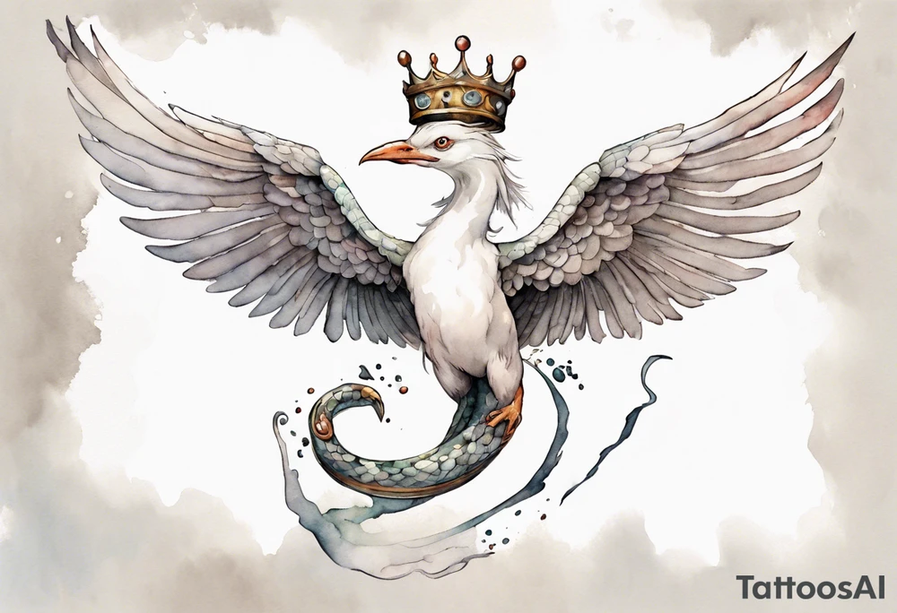 a white bird-serpent hybrid, wearing a pewter crown on its head, flying in the air tattoo idea