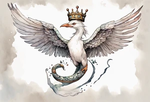a white bird-serpent hybrid, wearing a pewter crown on its head, flying in the air tattoo idea