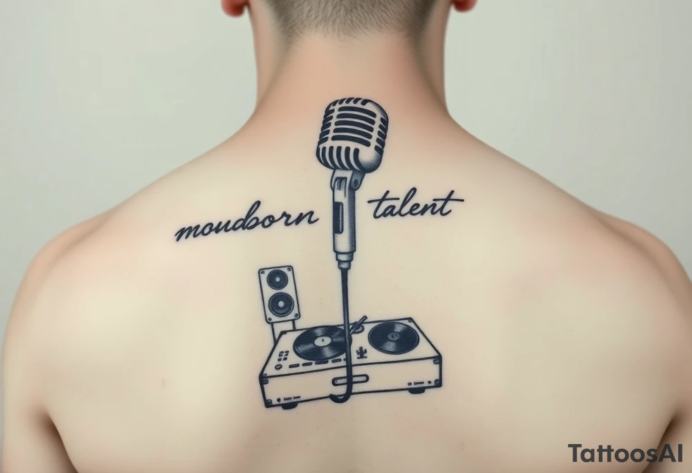 natural born talent written with a microphone and speakers with an old record player tattoo idea