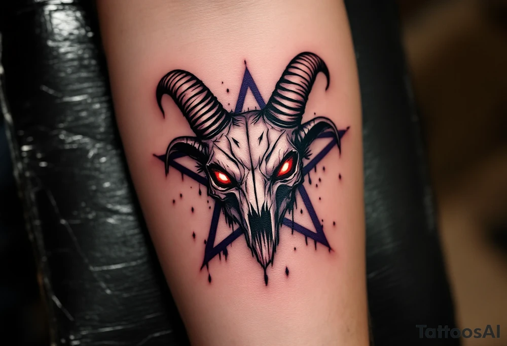 A demonic goat skull with glowing red eyes, placen on to a dark purple pentagram - five pointed star, dripping with shadows. tattoo idea