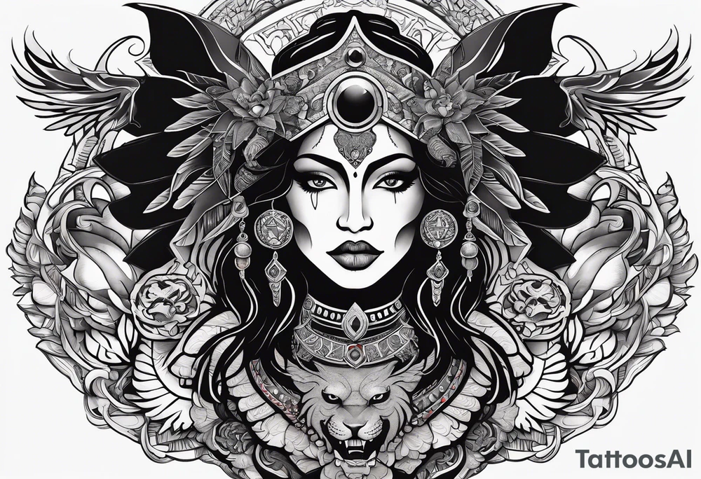 black kali, goddess pirate, alien, angel, pachamama, valkrye, warrior, flying, skull, lotus azul, wing, eagle, zenza resonance, stars, 5D, anahata chakra, death, durga, riding on a tiger, flying lady, kundalini, chest tatoo, rebel tattoo idea