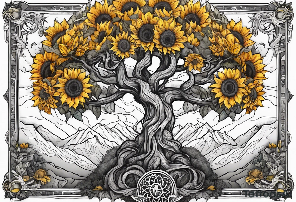 Yggdrasil tree, horse in front of it, and sunflowers tattoo idea