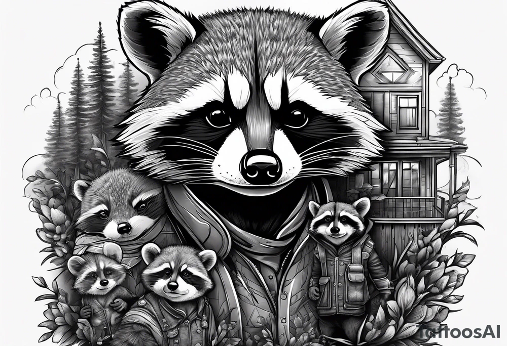 Very detailed Raccoon Husband with wife and 3 sons.
Background modern House between woods tattoo idea