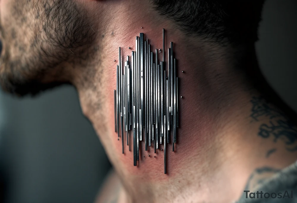 A metallic silver and black barcode with a 3D effect, creating the illusion of depth and a futuristic digital feel. tattoo idea