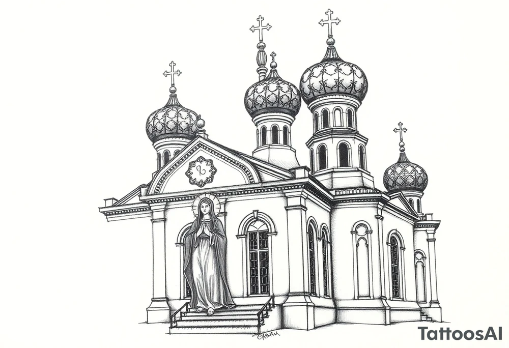 Russian orthodox church with bulb domes with a prominent russian orthodox style virgin mary stood outside to the left russian themed tattoo idea