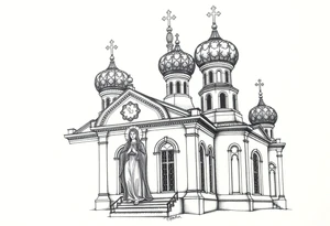 Russian orthodox church with bulb domes with a prominent russian orthodox style virgin mary stood outside to the left russian themed tattoo idea
