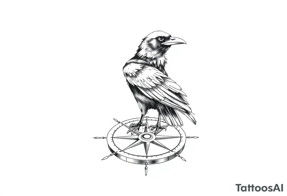 a raven stands on a compass. tattoo idea