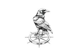 a raven stands on a compass. tattoo idea
