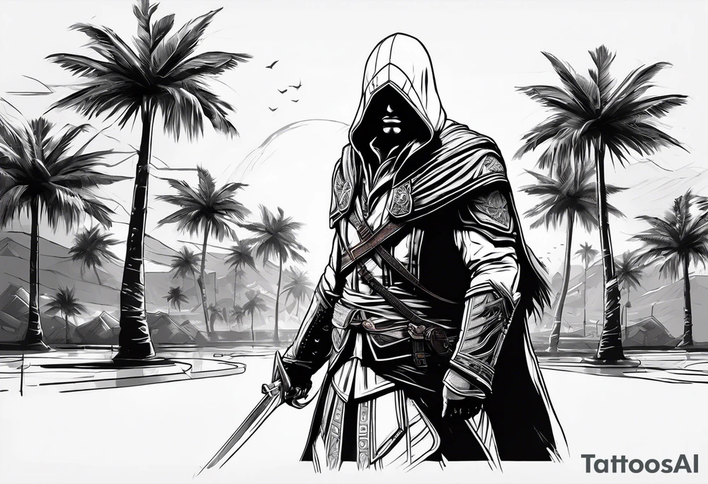 assassins creed character that is in the style of tron with palm trees tattoo idea