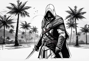 assassins creed character that is in the style of tron with palm trees tattoo idea