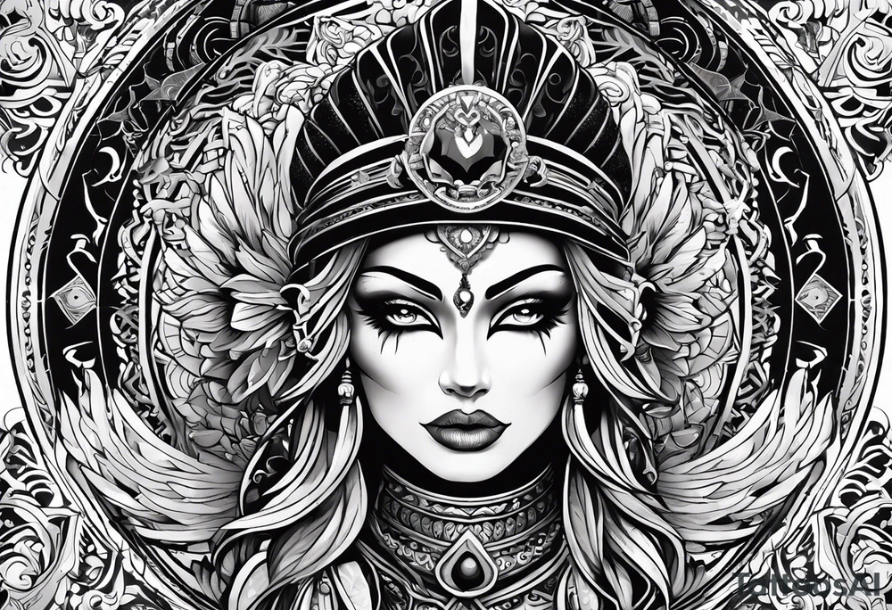 black kali, goddess pirate, alien, pachamama, valkrye, warrior, skull, lotus azul, wing, eagle, zenza resonance, stars, 5D tattoo idea