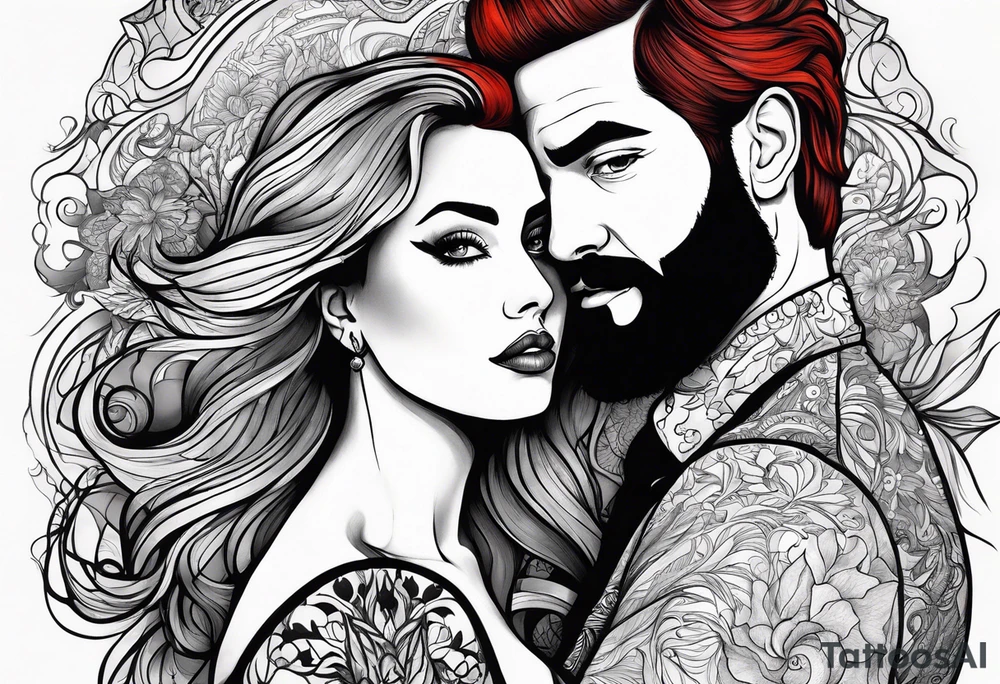 Busty red haired woman with a bearded man who has black hair tattoo idea