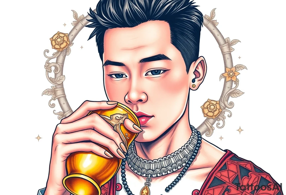 Handsome Asian young guy is drinking from medieval golden cup tattoo idea