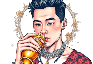 Handsome Asian young guy is drinking from medieval golden cup tattoo idea