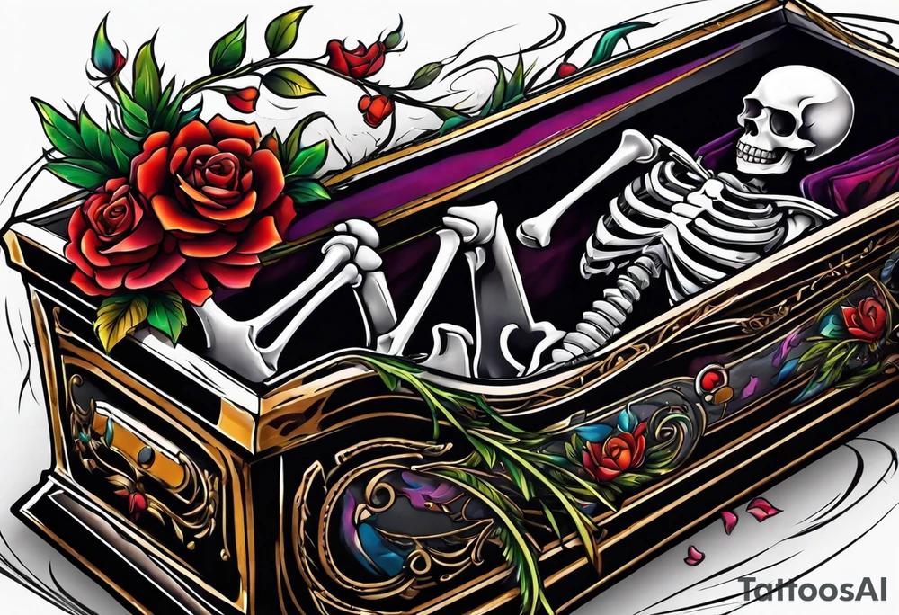 skeleton getting out of coffin tattoo idea