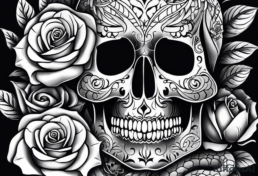 Sugar skull with a rose and a snake tattoo idea Sugar skull with a rose and a snake tattoo idea