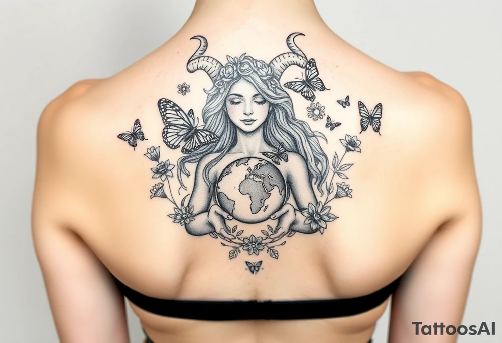 Taurus goddess with earth in her hands and butterflies and flowers all around her tattoo idea