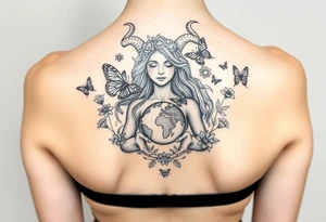 Taurus goddess with earth in her hands and butterflies and flowers all around her tattoo idea