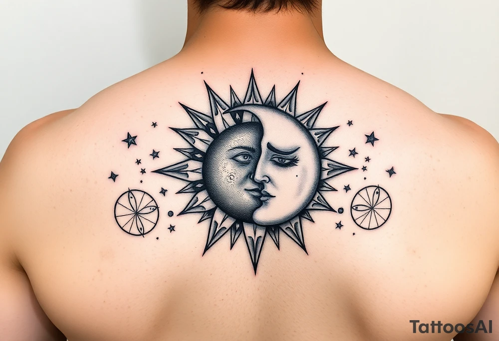 celestial sun and moon embrace with constellation patterns tattoo idea