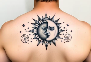 celestial sun and moon embrace with constellation patterns tattoo idea