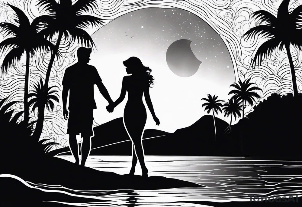 silhouette of two people holding hands on beach water with moon and palm trees tattoo idea