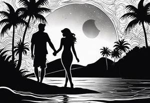silhouette of two people holding hands on beach water with moon and palm trees tattoo idea