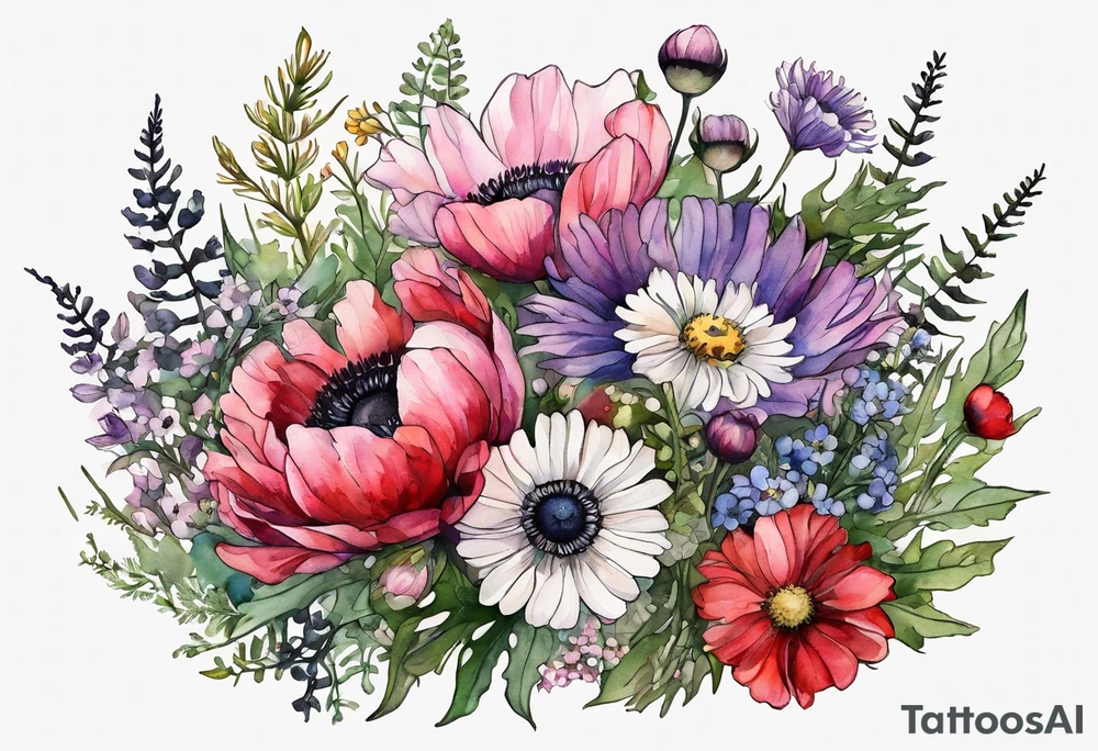 wildflowers with thistles, ferns, ranuculus, white anemones with black center, sun flowers, red flowers, pink flowers, purple flowers, buttercups, babys breath, daisies, and greenery all in watercolor tattoo idea