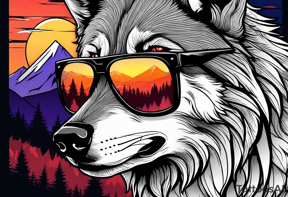 Badass wolf wearing sunglasses
Dark woods
Mountain peaks
Sunset tattoo idea