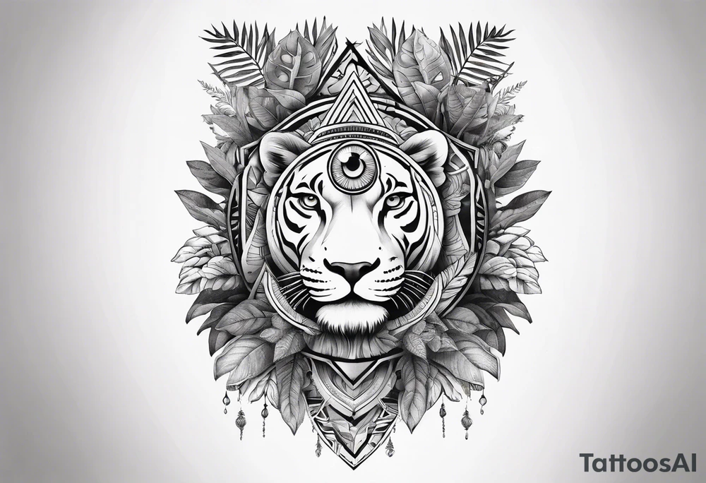 arm sleeve tattoo with all-seeing eye and jungle plants tattoo idea