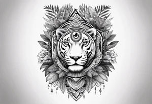 arm sleeve tattoo with all-seeing eye and jungle plants tattoo idea