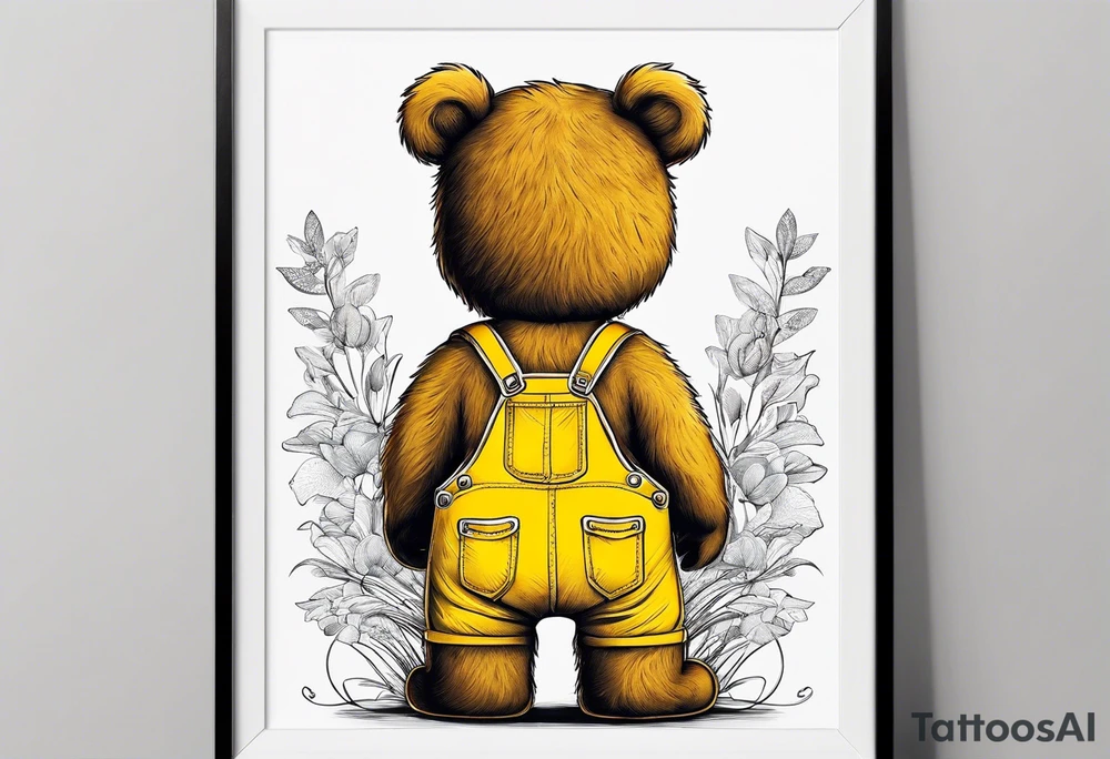 the back of a standing teddy bear in yellow overalls tattoo idea