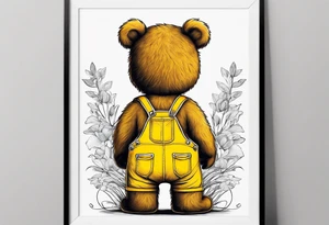 the back of a standing teddy bear in yellow overalls tattoo idea