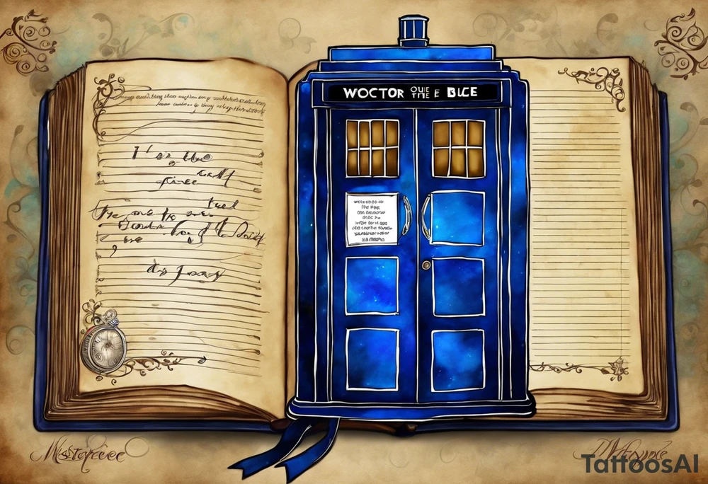River songs diary from doctor who with the words "We're all stories in the end" I want just the TARDIS blue diary and those words in ribbons or something around the diary.  I want the diary to be closed. The diary has to be closed. tattoo idea