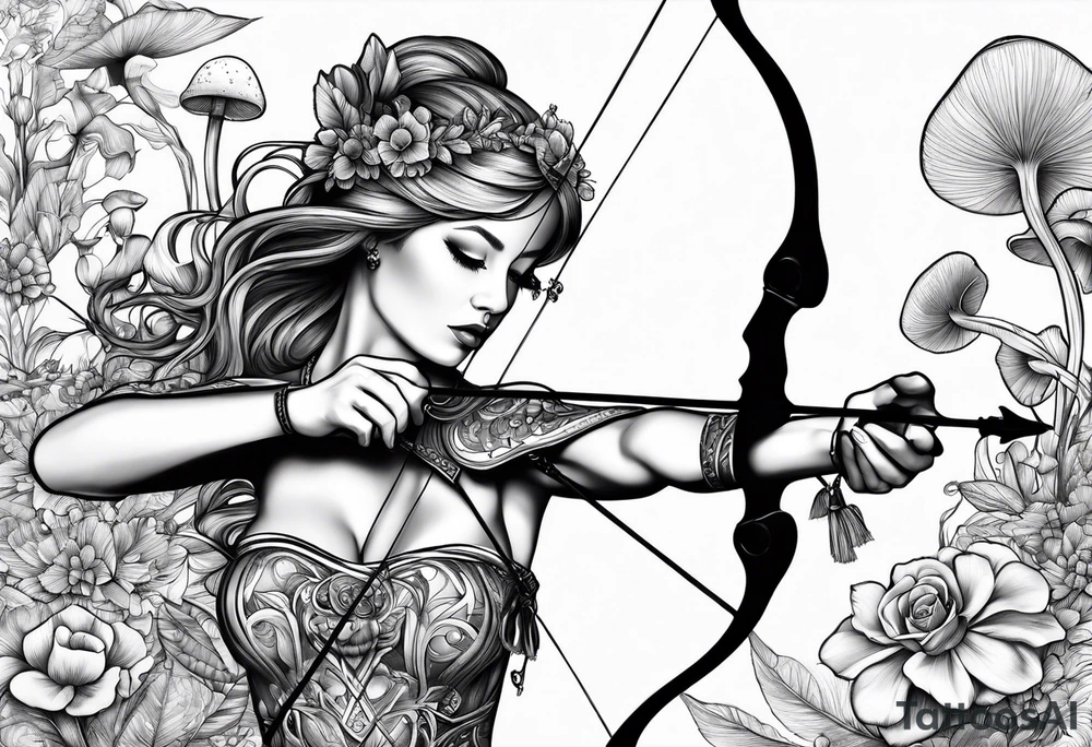 Recurve bow and arrow, mushrooms, fairies tattoo idea