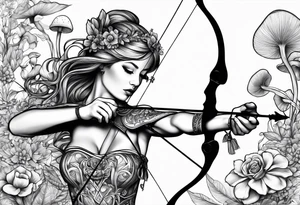 Recurve bow and arrow, mushrooms, fairies tattoo idea