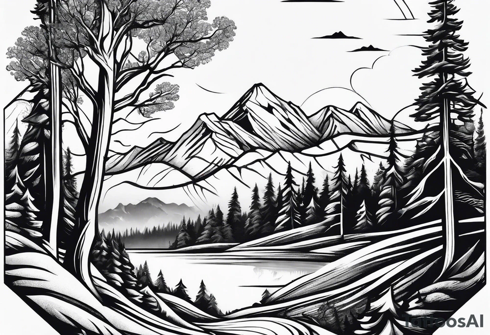 sleeve with trees, mountains and skier tattoo idea
