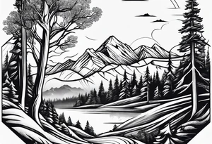 sleeve with trees, mountains and skier tattoo idea