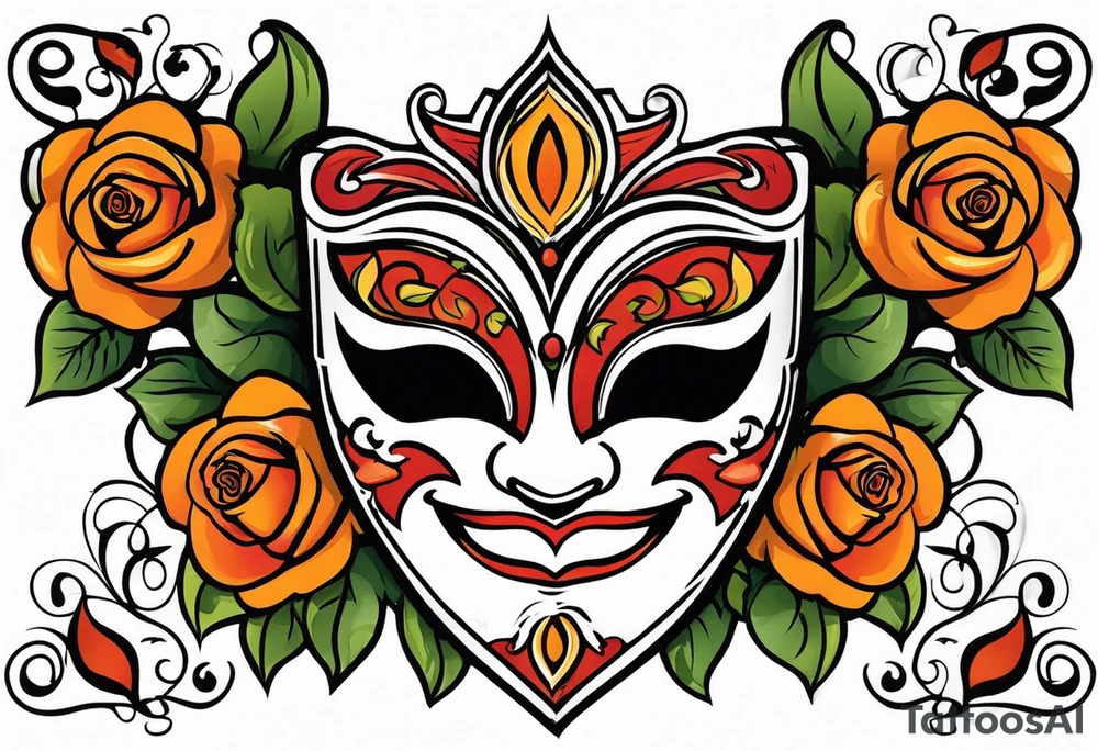 Laughing Male masquerade mask with orange and red roses tattoo idea
