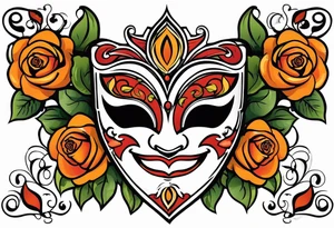 Laughing Male masquerade mask with orange and red roses tattoo idea