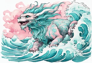 a gentle turquoise and pink Falkor emerging from the stormy sea tattoo idea