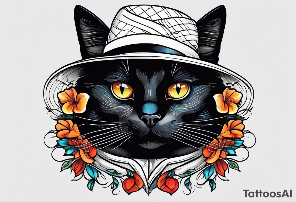 Black cat with a funny hat and a sweater tattoo idea