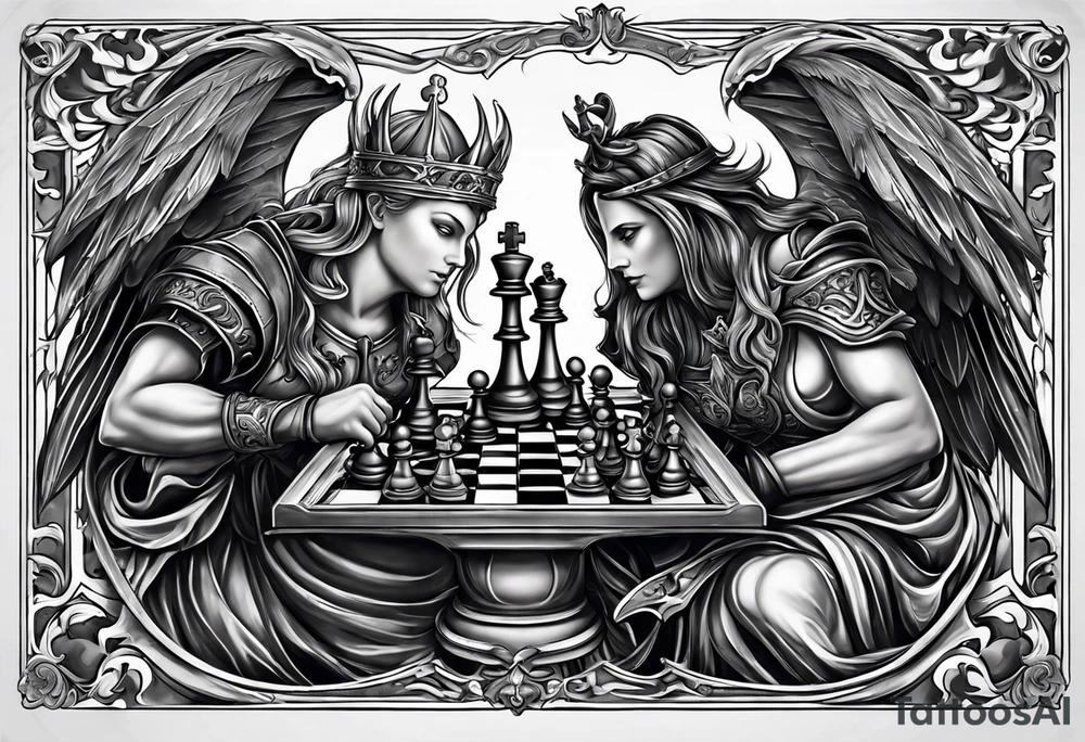 a chessboard with angelic and demonic chess pieces engaged in a strategic game, symbolizing the eternal battle between opposing forces. tattoo idea