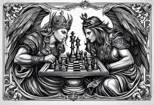 a chessboard with angelic and demonic chess pieces engaged in a strategic game, symbolizing the eternal battle between opposing forces. tattoo idea