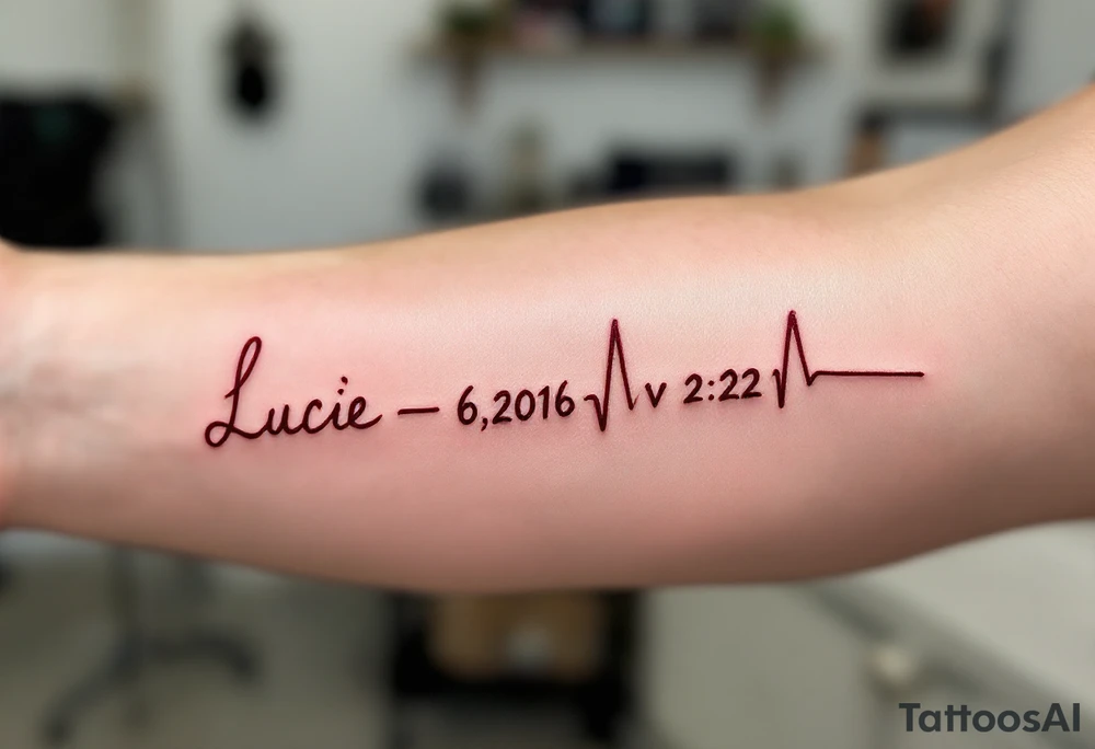 Delicate heartbeat line ending in "Lucie – 6.8.2016 v 2:22" in wine red ink. tattoo idea