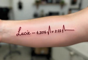 Delicate heartbeat line ending in "Lucie – 6.8.2016 v 2:22" in wine red ink. tattoo idea