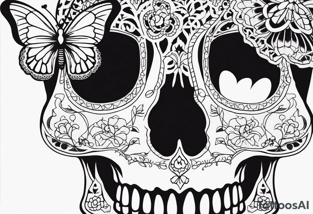 Lace-patterned skull with butterflies tattoo idea