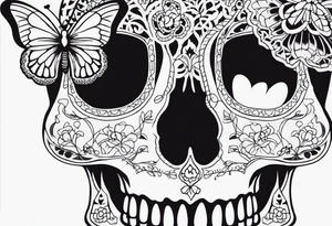 Lace-patterned skull with butterflies tattoo idea