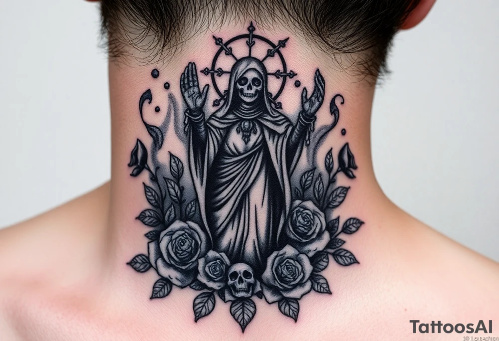 Evil Santa muerte rising out of smoke surrounded by broken roses and rose petals tattoo idea
