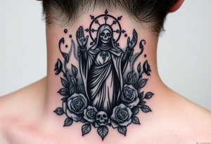 Evil Santa muerte rising out of smoke surrounded by broken roses and rose petals tattoo idea