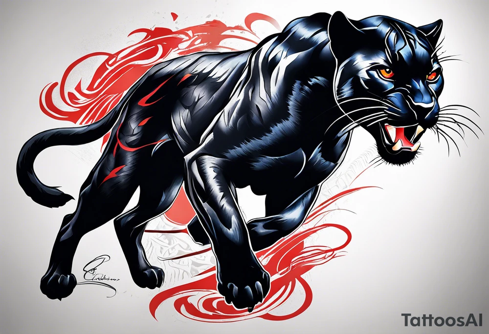 unique black panther tattoo, portrayed in a dynamic pose, showcasing its strength and grace, striking red eyes, intense and captivating elements, artistic flair, blending realism with abstract elements tattoo idea